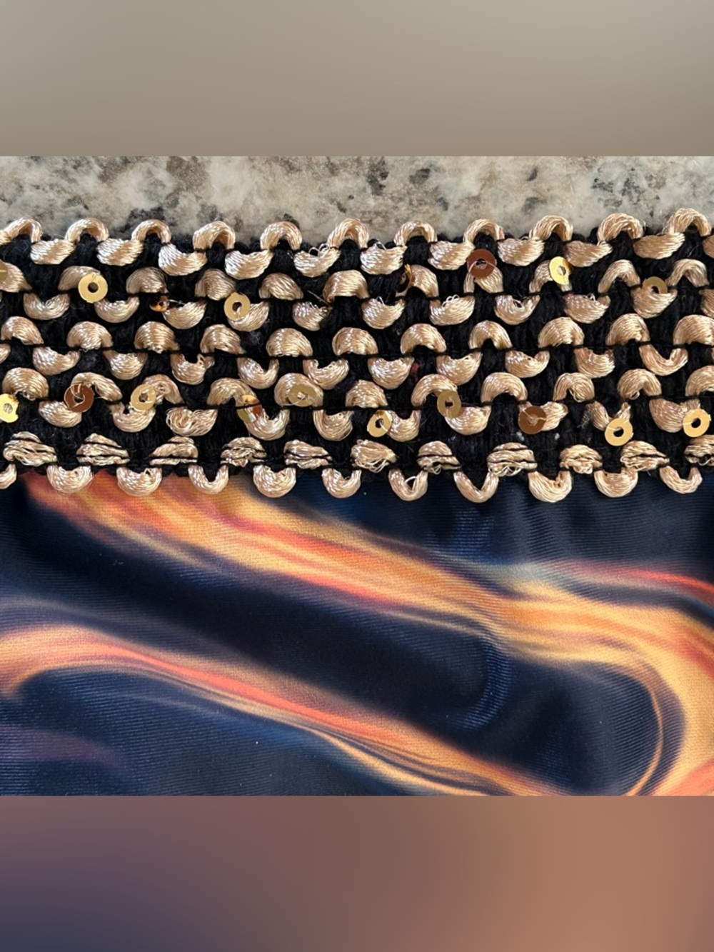 NWOT 2Pc Swimsuit Bikini Navy Orange Swirl Textured Gold Sequin Trim Size M - Picture 7 of 12